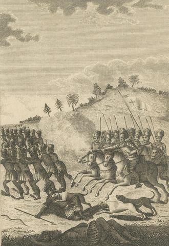 Christopher Columbus Battle in Hispaniola, Antique Engraving, Dublin c.1815, close-up 2
