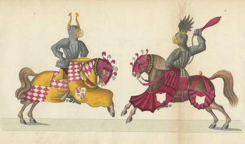 19th-Century Hand-Coloured Lithograph of Knightly Combat with Heraldic Horses, close-up 4