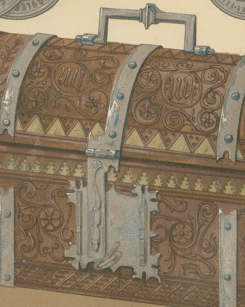 Renaissance Medals and Armor, Pair of Antique French Chromolithographs, 1882, close-up 1