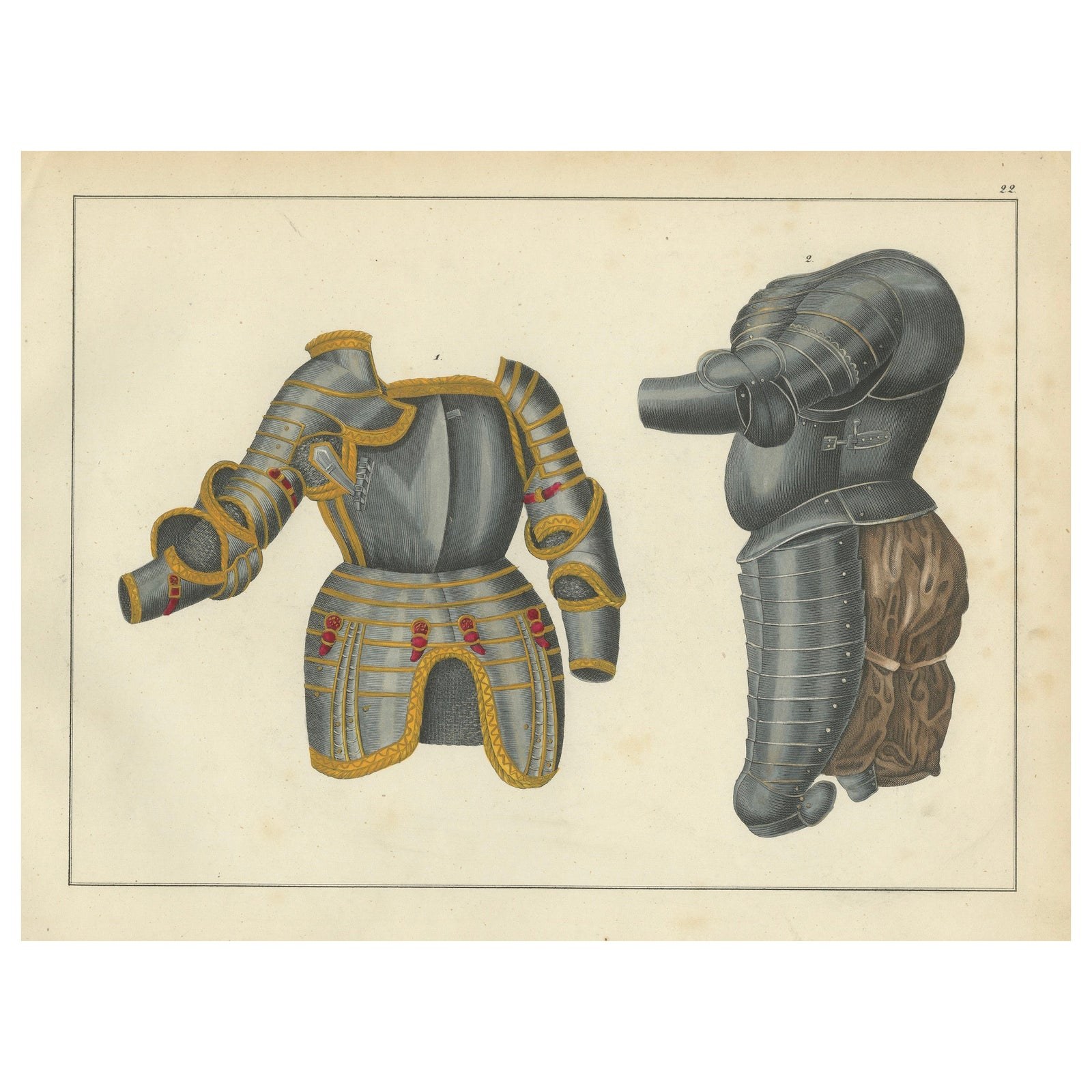 19th-Century Hand-Coloured Lithograph of Ornate Tournament and Plate Armor