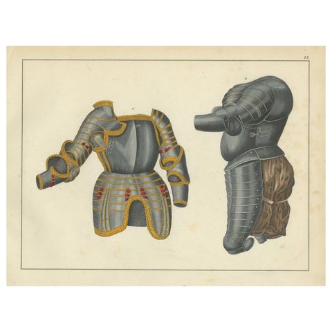 19th-Century Hand-Coloured Lithograph of Ornate Tournament and Plate Armor