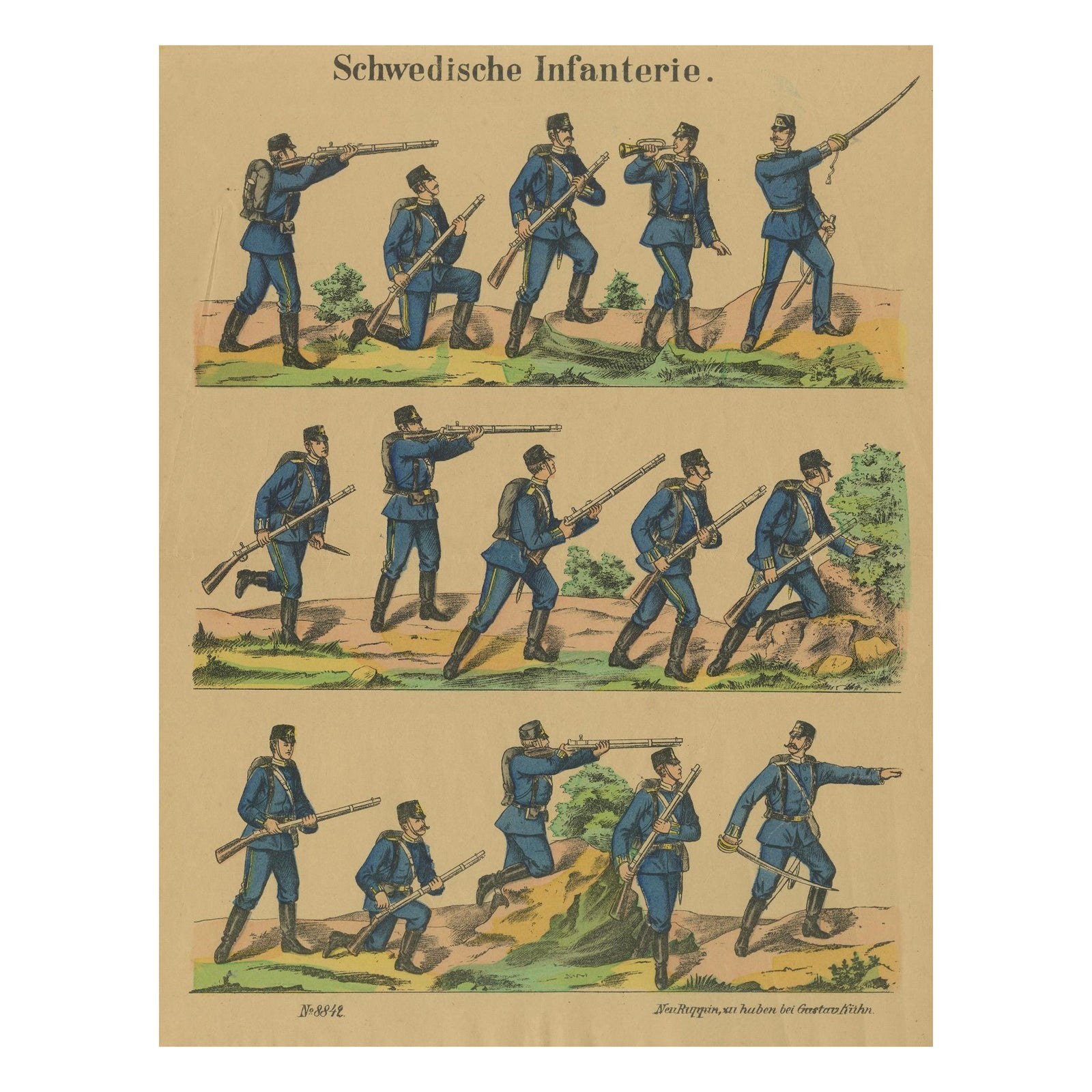 Antique Print of Swedish Infantry, Rifle Drill & Combat Movements, c.1860–1870