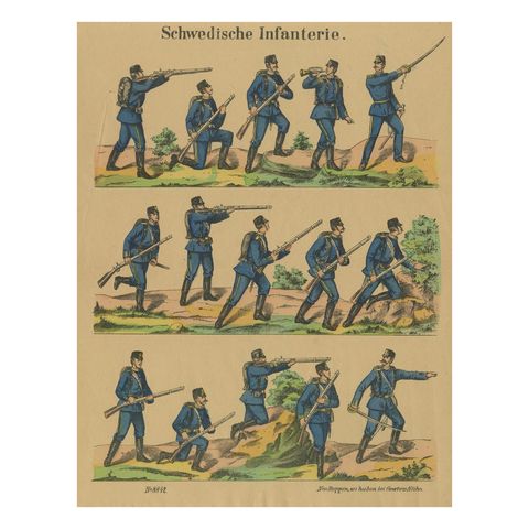 Antique Print of Swedish Infantry, Rifle Drill & Combat Movements, c.1860–1870