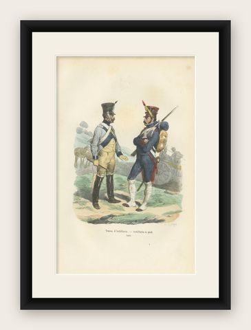 Train of Artillery and Foot Artillery, Napoleonic Military Print, Published 1843, shown framed