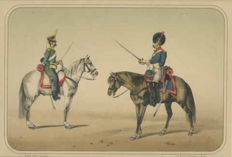 Two Spanish Cavalrymen in Crested Helmet and Bearskin Cap, Villegas, 1861