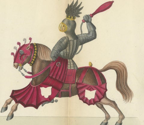 19th-Century Hand-Coloured Lithograph of Knightly Combat with Heraldic Horses, close-up 2