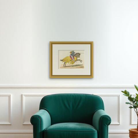 Mounted Knight in Tournament Armor c.1400, Antique Print, 1845, shown framed on a wall