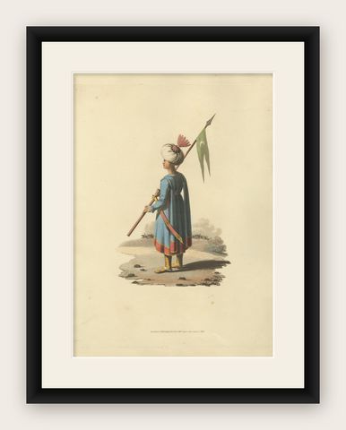Antique Print Ensign Bearer of the Spahis, The Military Costume of Turkey, 1818, shown framed