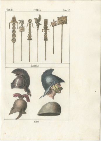 Roman Military Standards and Crested Helmets, Hand Colored Lithograph, 1842, view 2