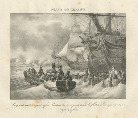 The Taking of Malta, Grand Master Refuses, Antique Madou Lithograph, 1827