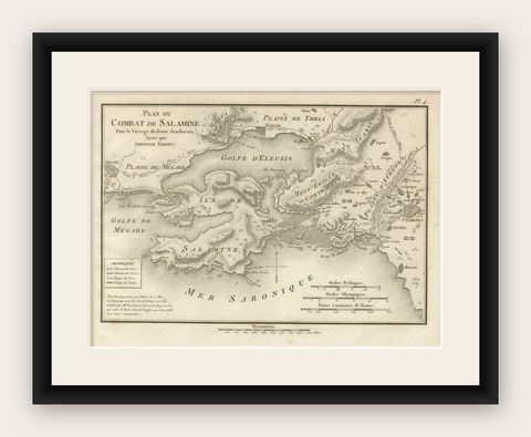 Original Antique Battle Map of Salamis, Ambroise Tardieu, 1821, shown framed