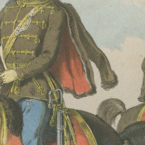 Antique Print, Hungarian Hussars on Horseback, Military Uniforms, 1858, close-up 4