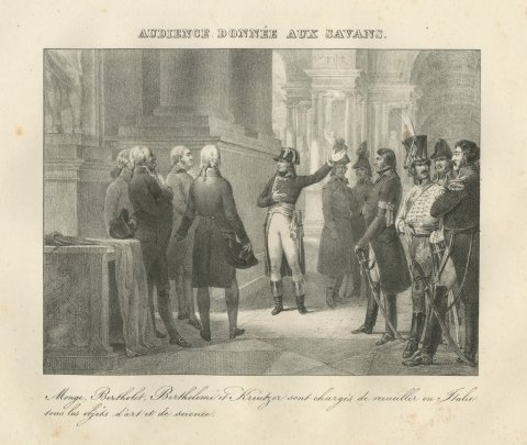 Audience to the Savants, Monge and Berthollet, Antique Madou Lithograph, 1827