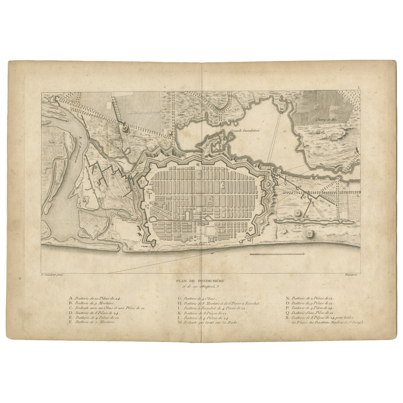 Plan of Pondicherry Fortifications and Attacks, France, c.1750
