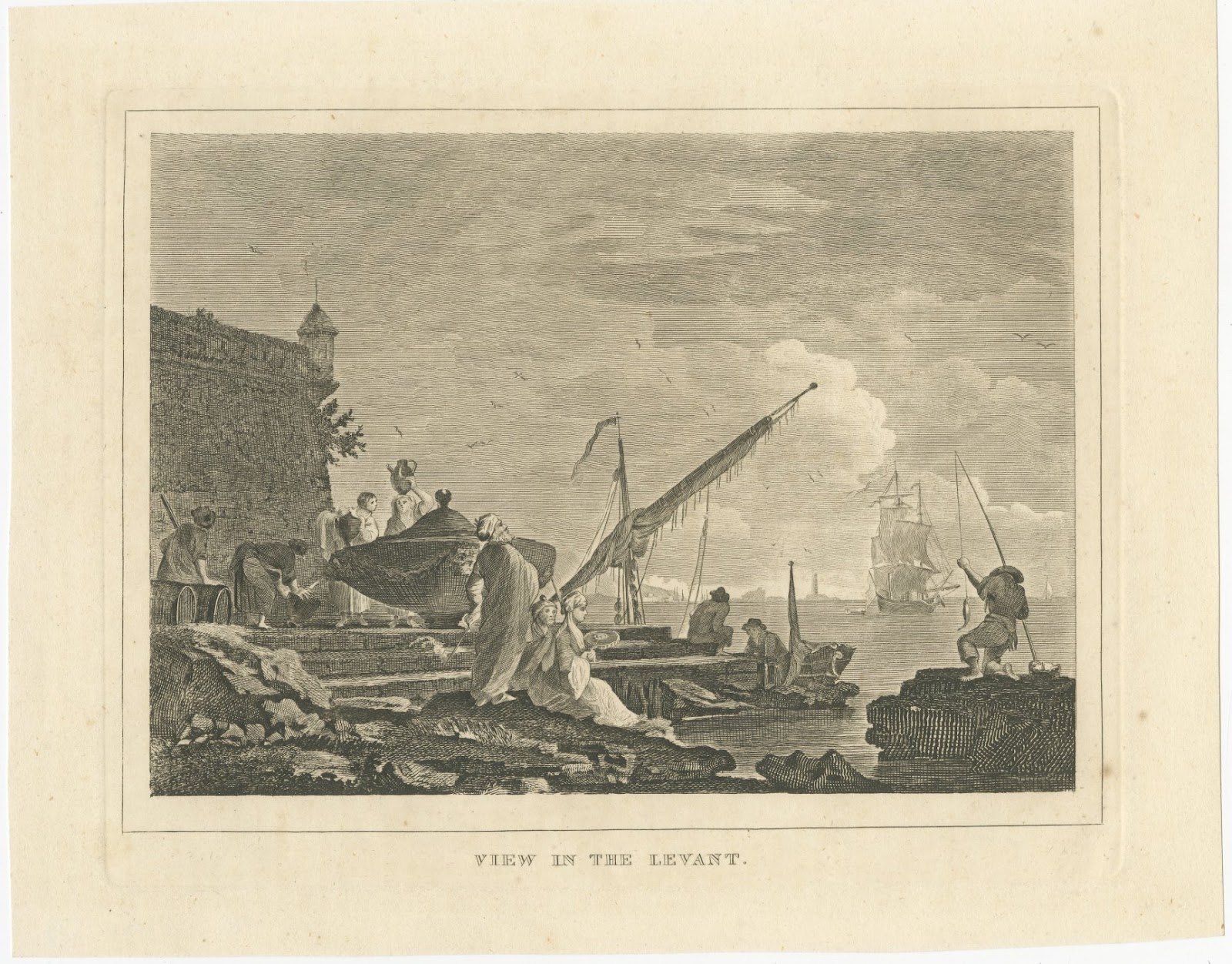 View in the Levant, Ottoman Harbour and Fortress, Antique Engraving, circa 1820