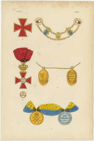 Sweden, Red Crosses, Collar and Medals, Plate LXXXI, Wood Engraving, 1844, view 2