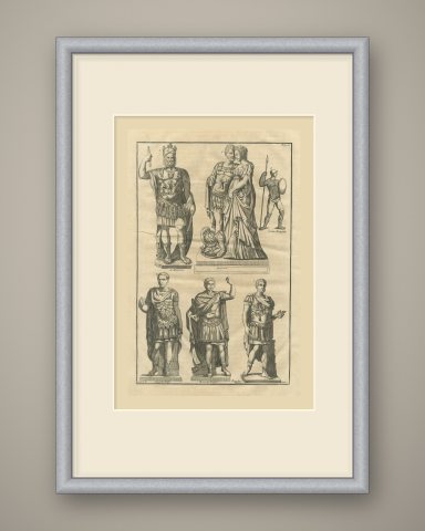 Roman Officers in Cuirass and Cloak, Montfaucon Copper Engraving, 1722, shown framed