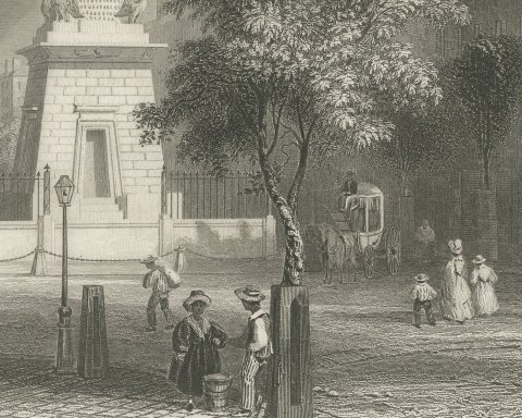Battle Monument, Baltimore, after Bartlett, Antique Street View, 1842, close-up 1
