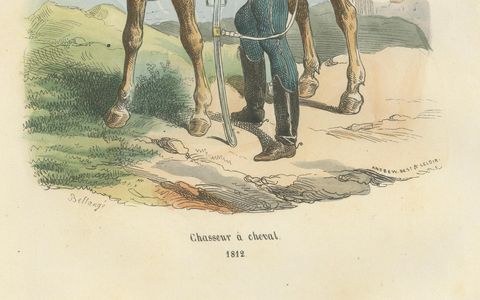 Chasseur à Cheval, Napoleonic Light Cavalry, Hand-Colored Military Print, 1843, close-up 1