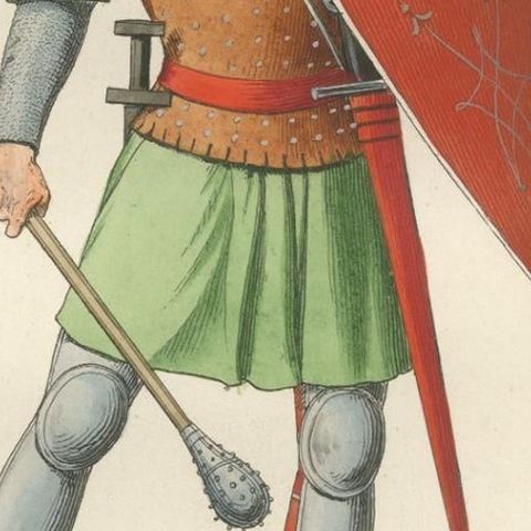 Armored Knight c.1400 with Winged Helmet, Antique Print Published 1845, close-up 4
