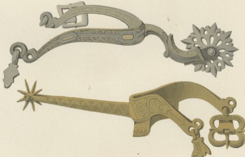 German Poniard, Horse Muzzle and Spurs, Antique Print, 1851, close-up 2