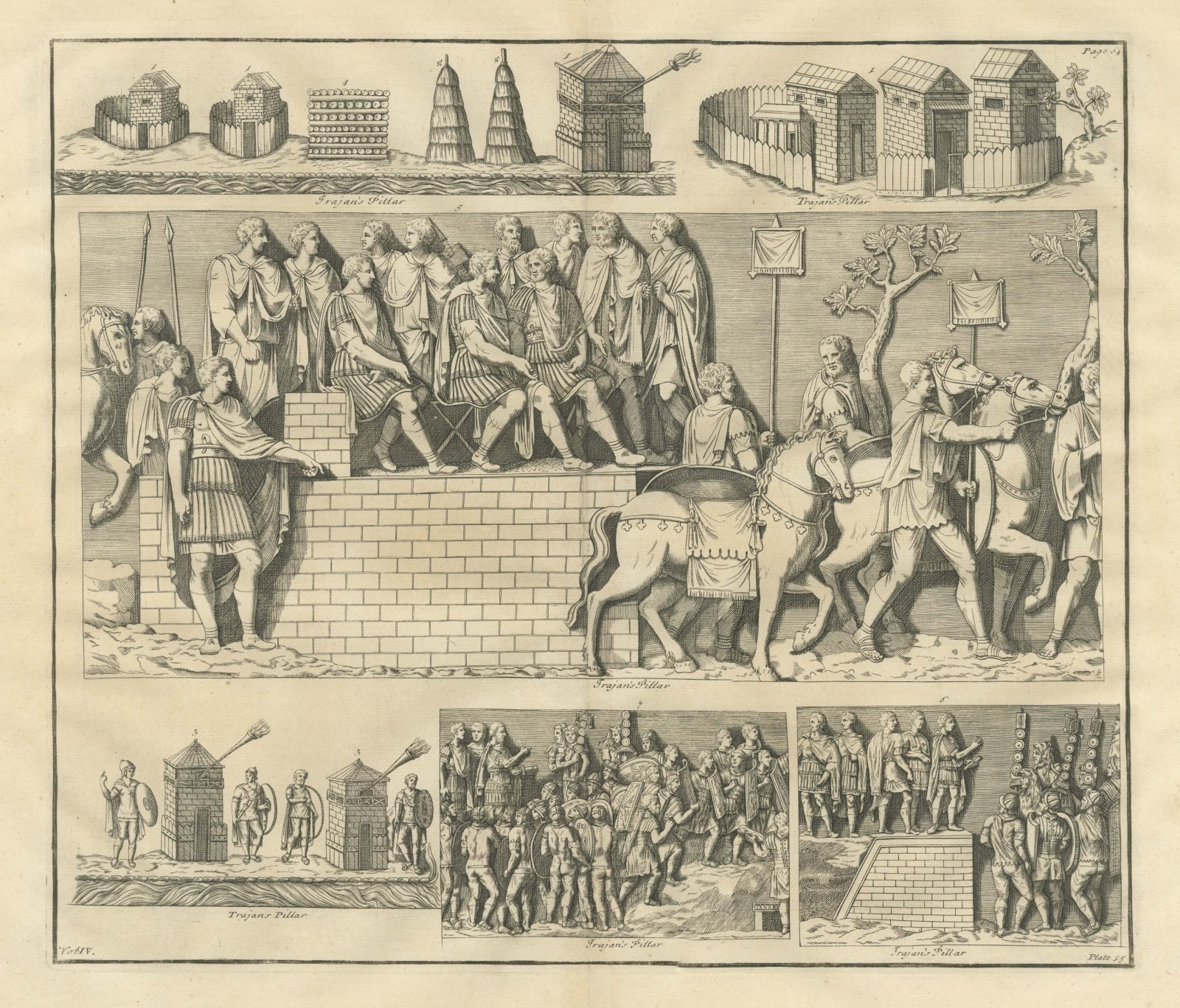 Roman Camp Towers, Huts and Officers on a Tribunal, Trajan's Column, 1722