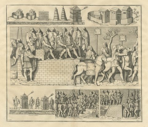 Roman Camp Towers, Huts and Officers on a Tribunal, Trajan's Column, 1722