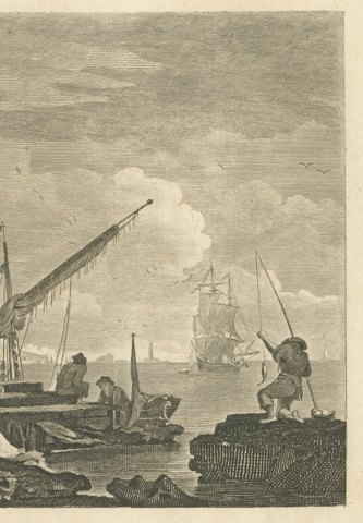View in the Levant, Harbor Quay below a Fortress, Antique Engraving, circa 1820, close-up 2
