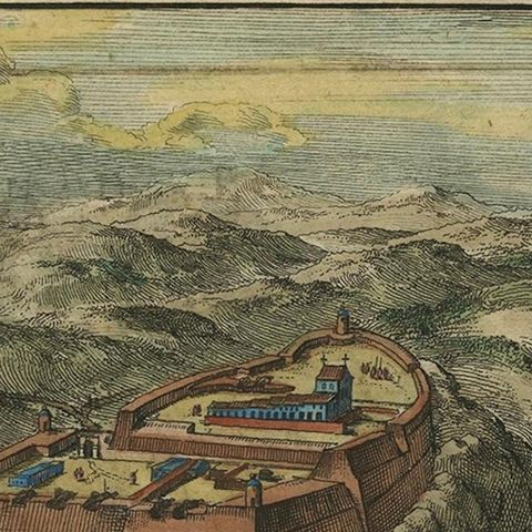 Venetian Fortress Paleokastro on Crete, Antique Print, Hand-Coloured, 1688, close-up 3