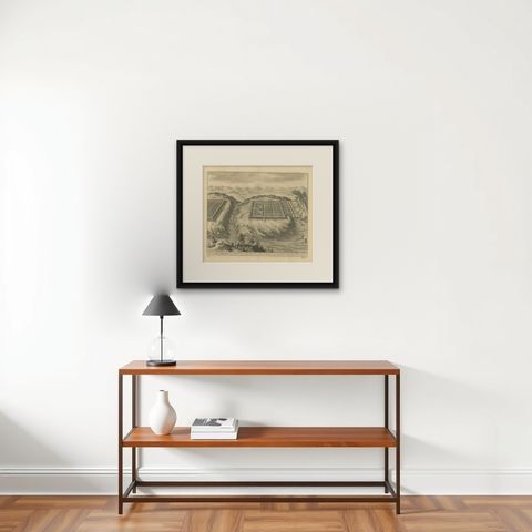 Antique Print of Caesar's Camp, A Roman Battle Print, c.1753, shown framed on a wall