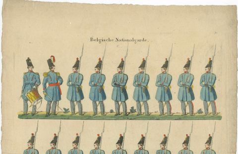 Antique Print of Belgian National Guard, Infantry Drill & Uniforms, c.1830–1840, close-up 2