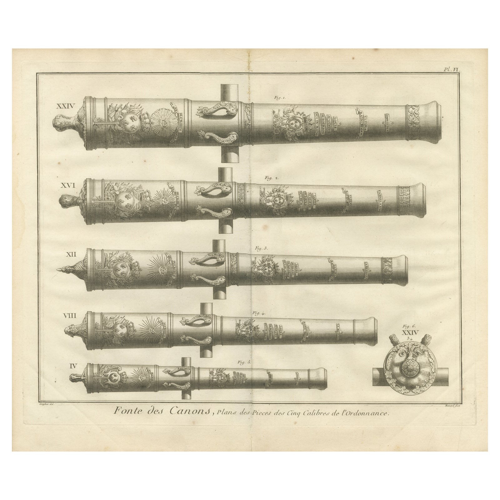18th Century Engraving of Ornate French Cannons, circa 1770