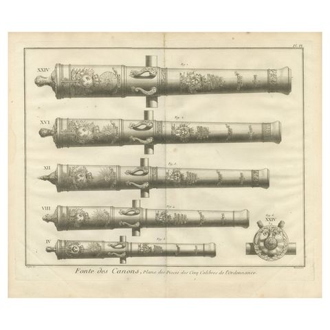 18th Century Engraving of Ornate French Cannons, circa 1770