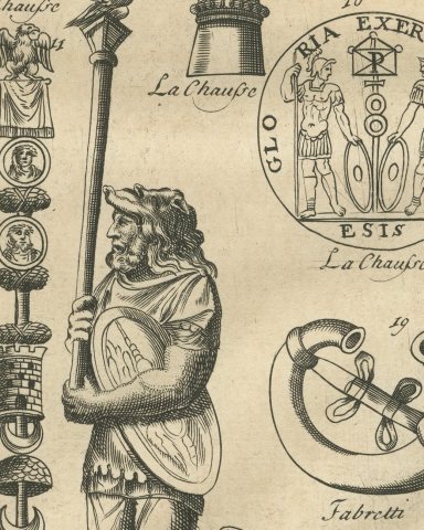Roman Military Standards, Eagle and War Horns, Montfaucon Engraving, 1722, close-up 1