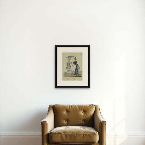Two Hundred Year Old Engraving of a Prussian Soldier and a Lady, 1815, shown framed on a wall