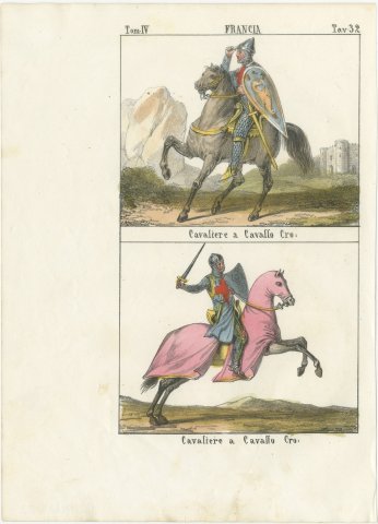 Two Mounted Crusader Knights, Hand Colored French Lithograph, 1842, view 2
