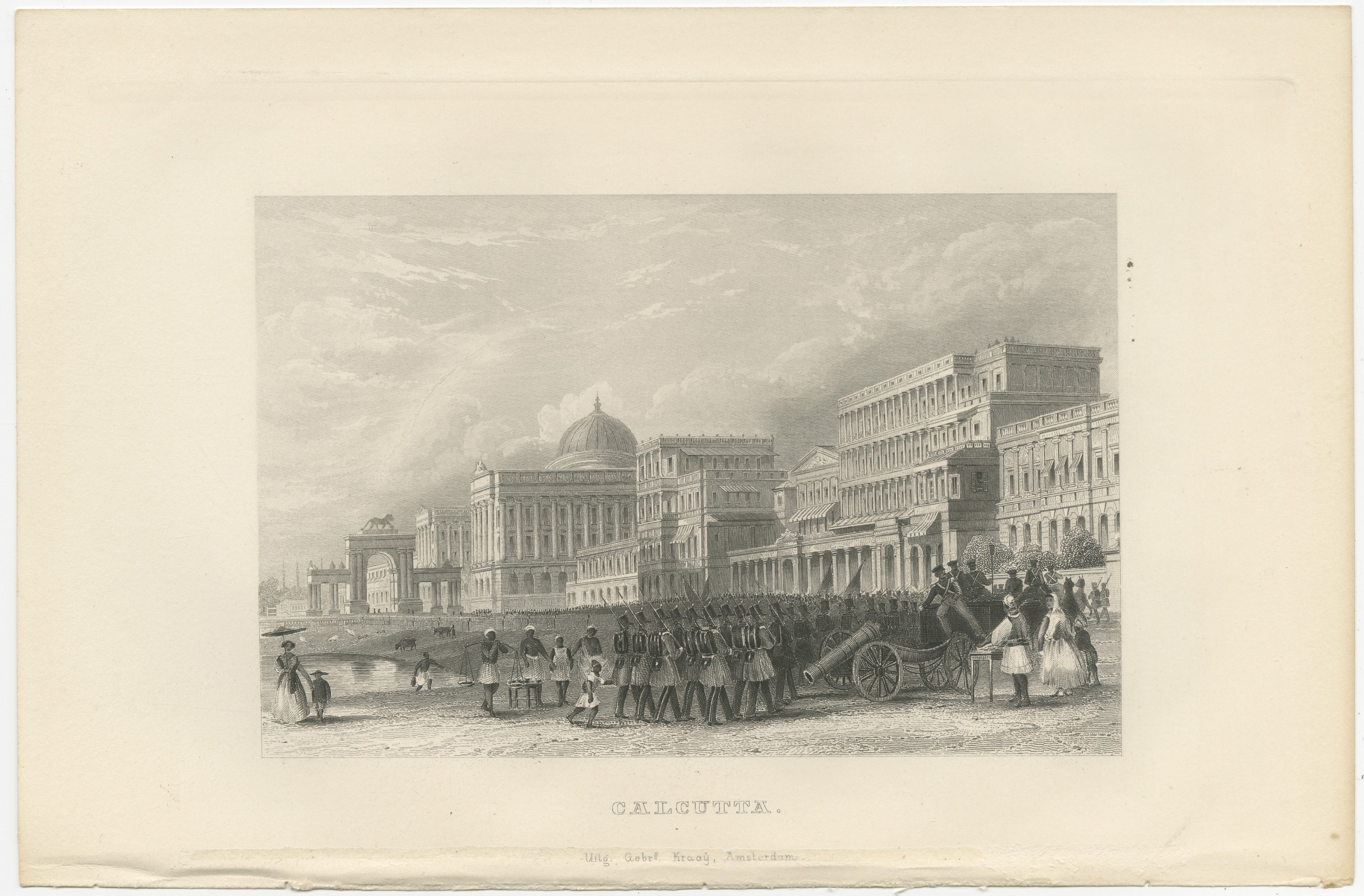 Calcutta, Soldiers and Artillery Before Classical Palaces, Engraving, 1859, view 2