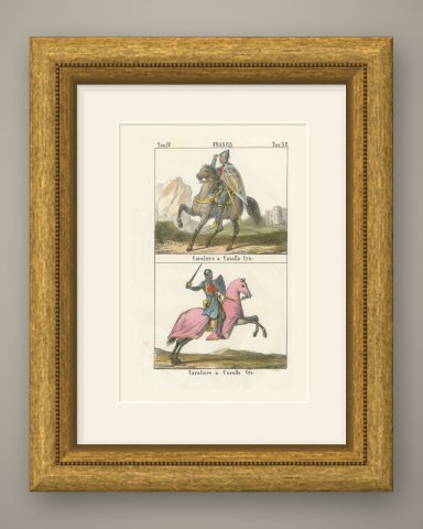 Two Mounted Crusader Knights, Hand Colored French Lithograph, 1842, shown framed