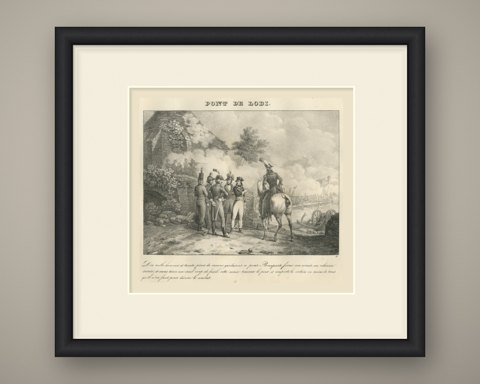 The Bridge of Lodi, Napoleon's Close Column, Antique Madou Lithograph, 1827, shown framed