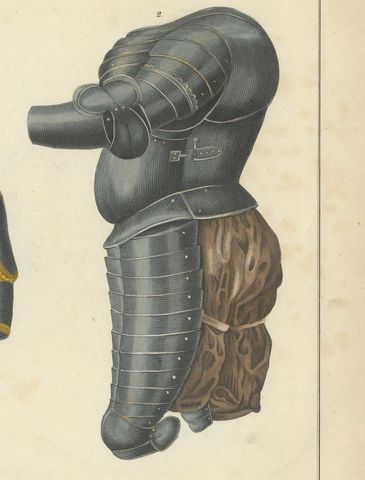 19th-Century Hand-Coloured Lithograph of Ornate Tournament and Plate Armor, close-up 2