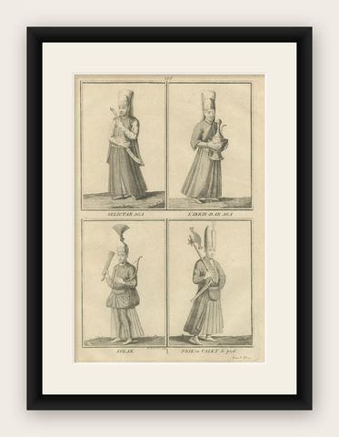Ottoman Court Attendants and Soldiers, 1734 Print of Imperial Palace Figures, shown framed