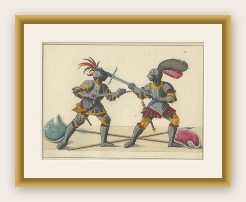 19th-Century Hand-Coloured Lithograph of Armoured Knights in Battle Scene, shown framed