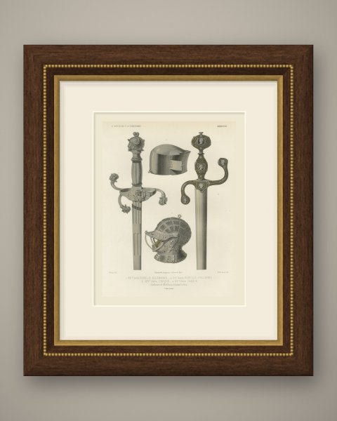 German and Italian Swords and Helmets, Antique Print, 1851, shown framed