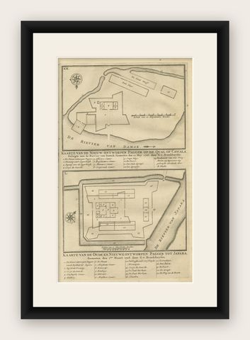 Antique Print of the Fortifications of Demak and Jepara, Java, Indonesia, 1726, shown framed