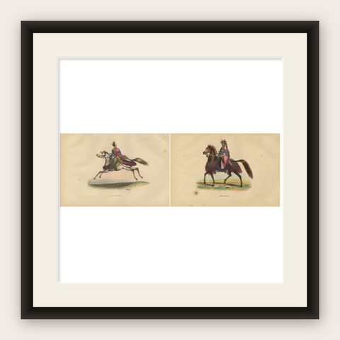 Japanese Cavalryman and General from 1844 in Wahlen's Historical Lithograph, shown framed