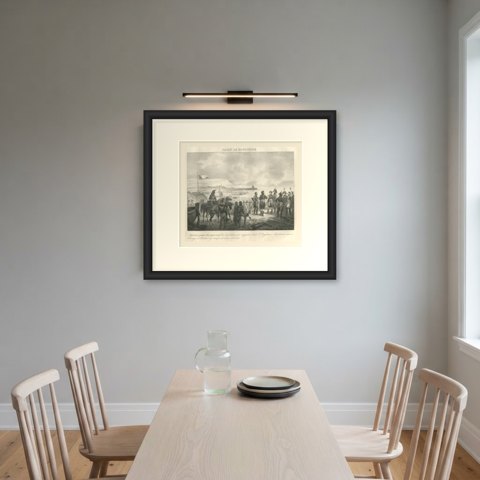 The Camp of Boulogne, the Invasion Flotilla, Antique Madou Lithograph, 1827, shown framed on a wall