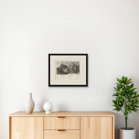 Napoleon Honors the Wounded Soldier, Antique French Engraving, circa 1840, shown framed on a wall