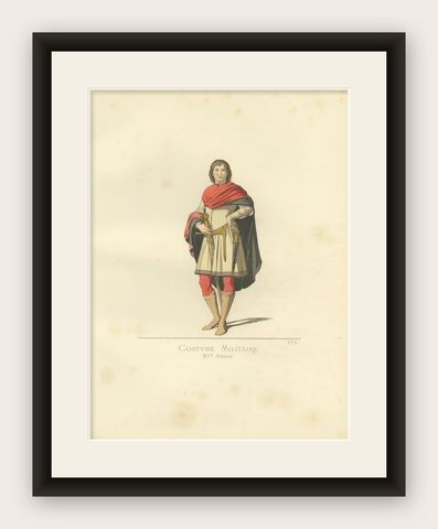 Antique Print of a Military Costume, 15th Century by Bonnard, 1860, shown framed