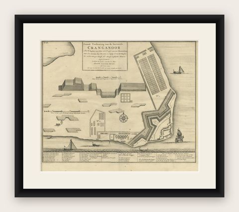 Antique Print of Cranganore Fort, India by Valentijn, 1726, shown framed