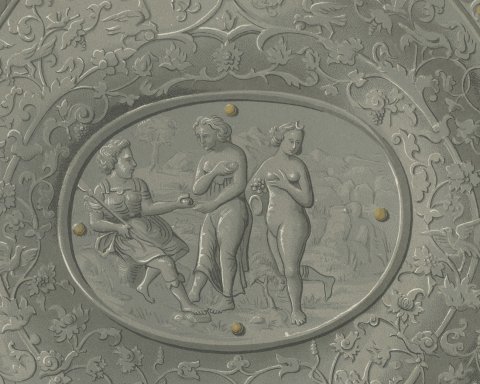 German Shield, Sixteenth Century, Soltykoff Collection, Antique Print, 1851, close-up 1